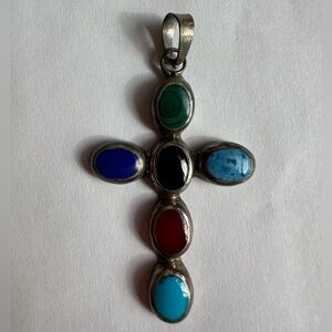 Mexican Made Sterling Silver Cross Pendant Only W/ Multiple Natural Gemstones